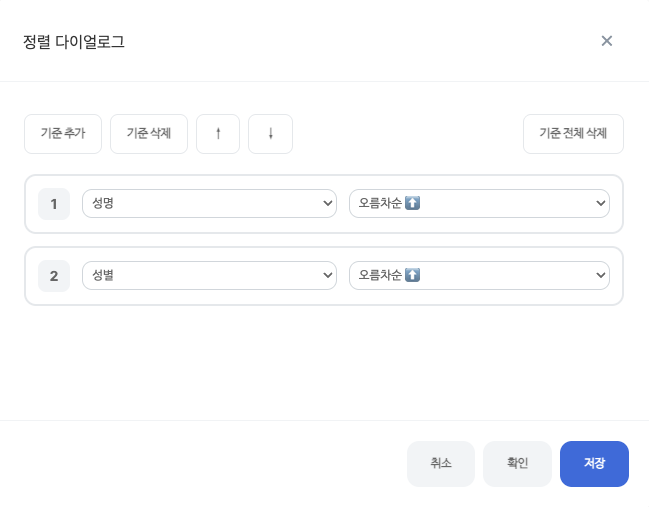 정렬 다이얼로그다. 위에 기준 추가, 기준 삭제, 위로, 아래로, 기준 전체 삭제 단추가 있다. 1번 기준은 성명 오름차순, 2번 기준은 성별 오름차순이다. 아래에 취소, 확인, 저장 단추가 있다.