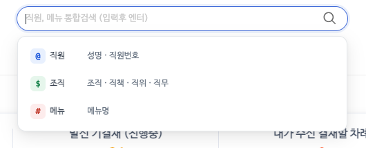 머리띠 가운데의 통합검색 칸이다. 칸에 직원, 메뉴 통합검색, 입력후 엔터라는 안내가 있고, 칸을 누르면 아래에 구분 셋이 내려온다. @ 직원은 성명과 직원번호로, $ 조직은 조직과 직책, 직위, 직무로, # 메뉴는 메뉴명으로 찾는다.