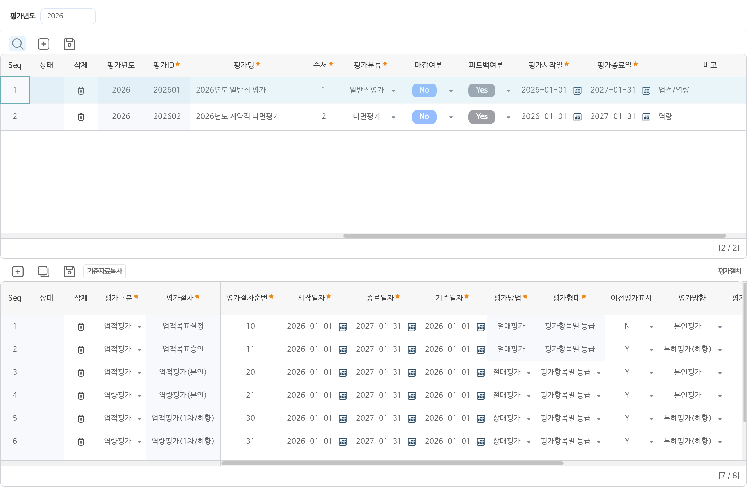 평가ID 화면이다. 위 표에 2026년도 일반직 평가와 2026년도 계약직 다면평가 두 평가가 평가분류, 마감 여부, 시작일과 종료일과 함께 놓여 있다. 아래 표에는 일반직 평가의 절차가 업적목표설정, 업적목표승인, 업적평가(본인), 역량평가(본인), 업적평가(1차/하향), 역량평가(1차/하향) 차례로 서 있고, 절차마다 시작일자와 종료일자, 기준일자, 절대평가와 상대평가, 평가형태, 평가방향이 적혀 있다.