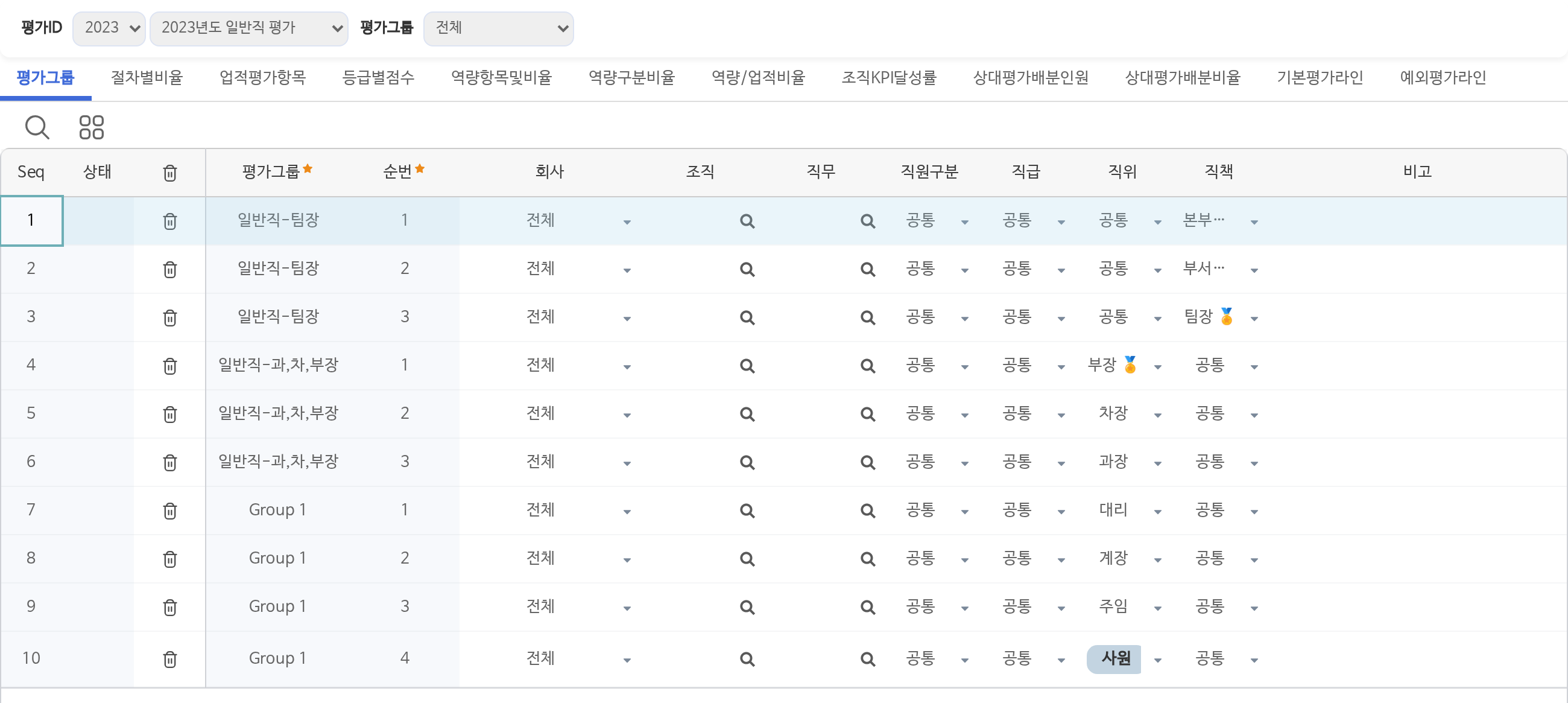 평가기준관리 화면의 평가그룹 갈피다. 위에 2023년도 일반직 평가가 골라져 있고, 그 아래 표에 일반직-팀장, 일반직-과·차·부장, Group 1 세 평가그룹이 순번마다 한 줄씩 놓여 있다. 줄마다 회사, 조직, 직무, 직원구분, 직급, 직위, 직책 칸이 있어, 팀장 그룹은 직책이 본부장·부서장·팀장인 사람으로, 과·차·부장 그룹은 직위가 부장·차장·과장인 사람으로 묶인다.