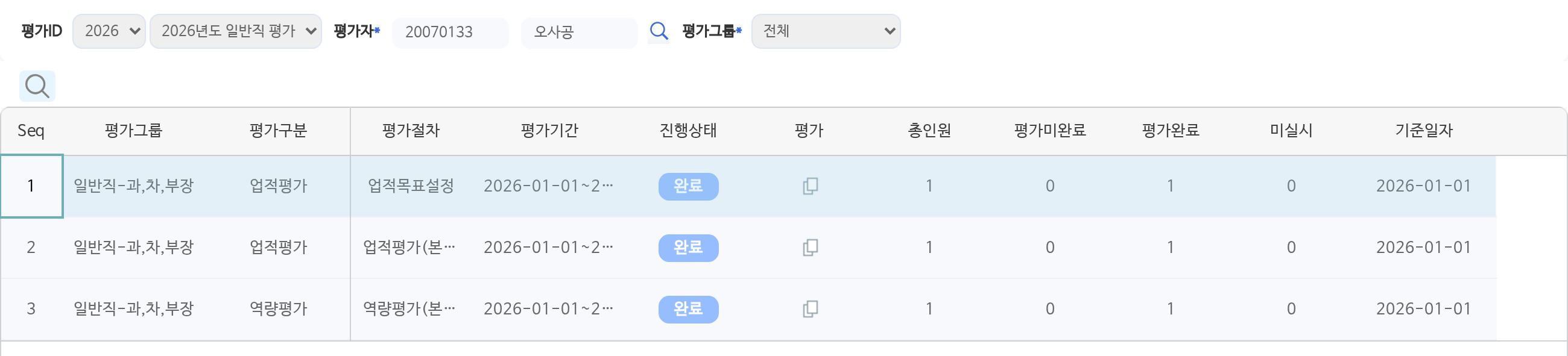 평가함 화면이다. 2026년도 일반직 평가에서 평가자 한 사람에게 맡겨진 절차 셋이 놓여 있다. 업적목표설정, 업적평가(본인), 역량평가(본인)이고, 줄마다 평가기간, 진행상태 완료, 평가 단추, 총인원, 평가미완료, 평가완료, 미실시, 기준일자가 적혀 있다.