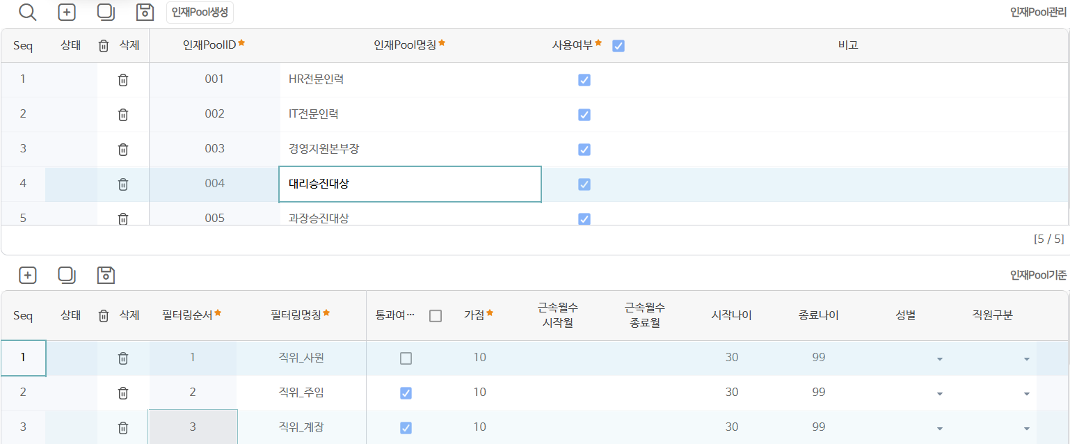 승진 대상과 TFT 를 뽑는 인재풀 기준 설정 화면