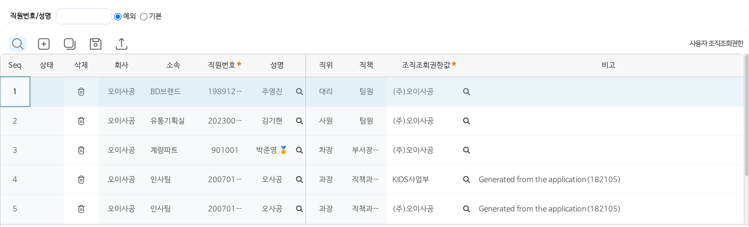 조회권한관리 화면이다. 예외를 골라 조회했다. 사용자마다 회사, 소속, 직원번호, 성명, 직위, 직책, 조직조회권한값이 한 줄씩 놓여 있다. 몇 줄의 비고에는 신청서에서 생성되었다는 말이 붙어 있다. 아래에 사용자 회사조회권한 표가 있다.