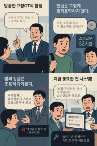 직장에서 고정 야근 수당을 정당화하거나 은폐하는 방식과 그에 대한 법적·제도적 대응의 중요성을 설명하는 네 컷 만화.