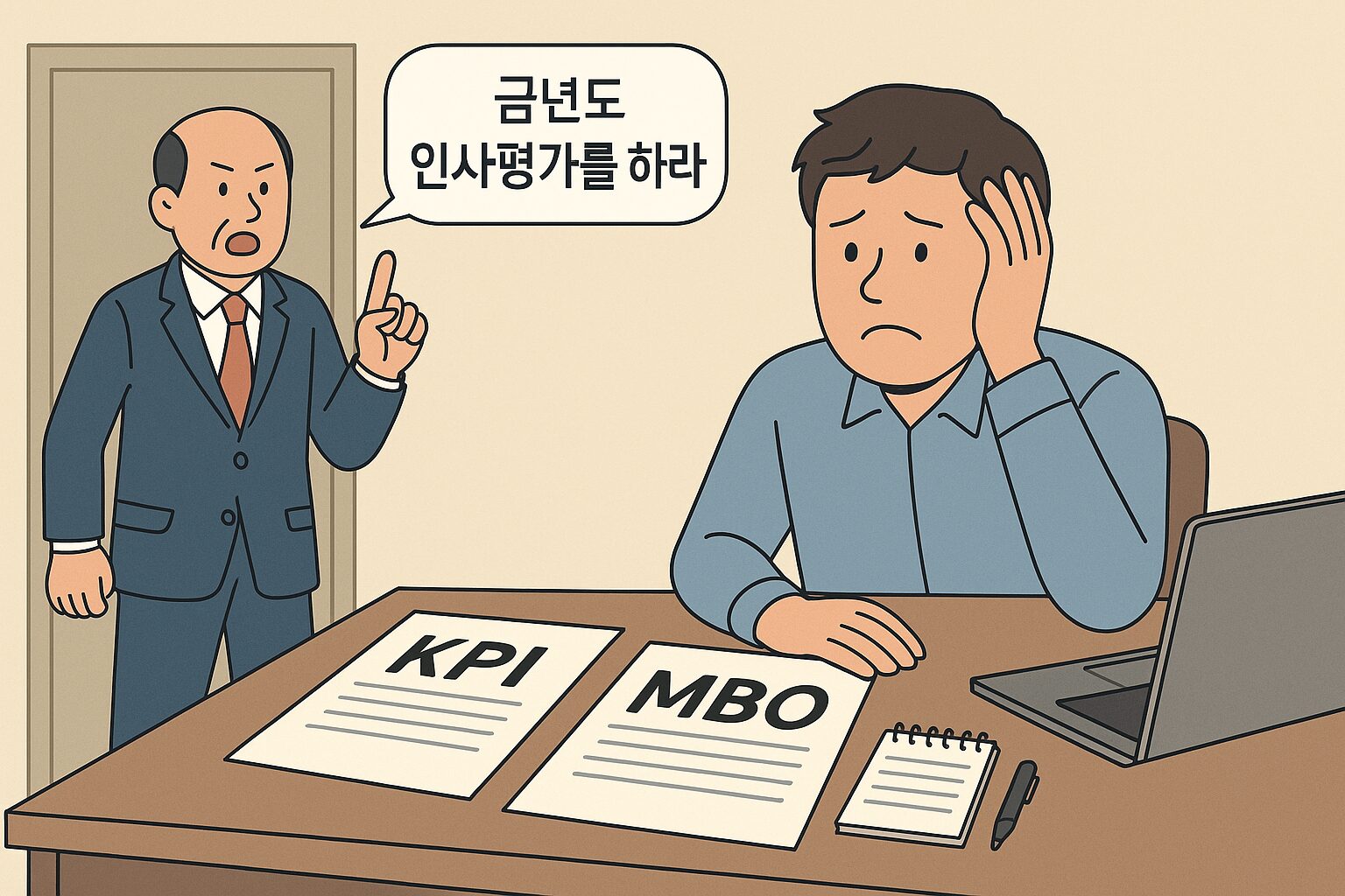 대표가 갑작스럽게 인사평가를 지시하고, 당황한 인사담당자가 KPI, MBO 문서를 앞에 두고 고민하는 장면