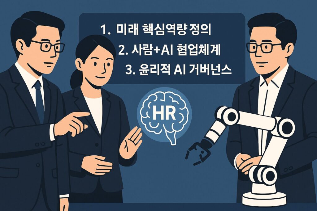 AI 시대, 최고인사책임자와 비즈니스 리더들이 AI 기반 HR 전략을 논의하며 협업하는 모습