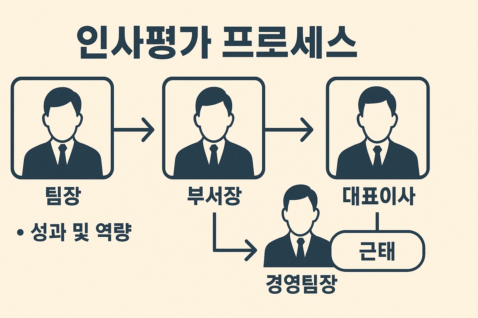 팀장, 부서장, 대표이사로 이어지는 인사평가 프로세스 흐름과 경영팀장의 근태 반영 역할