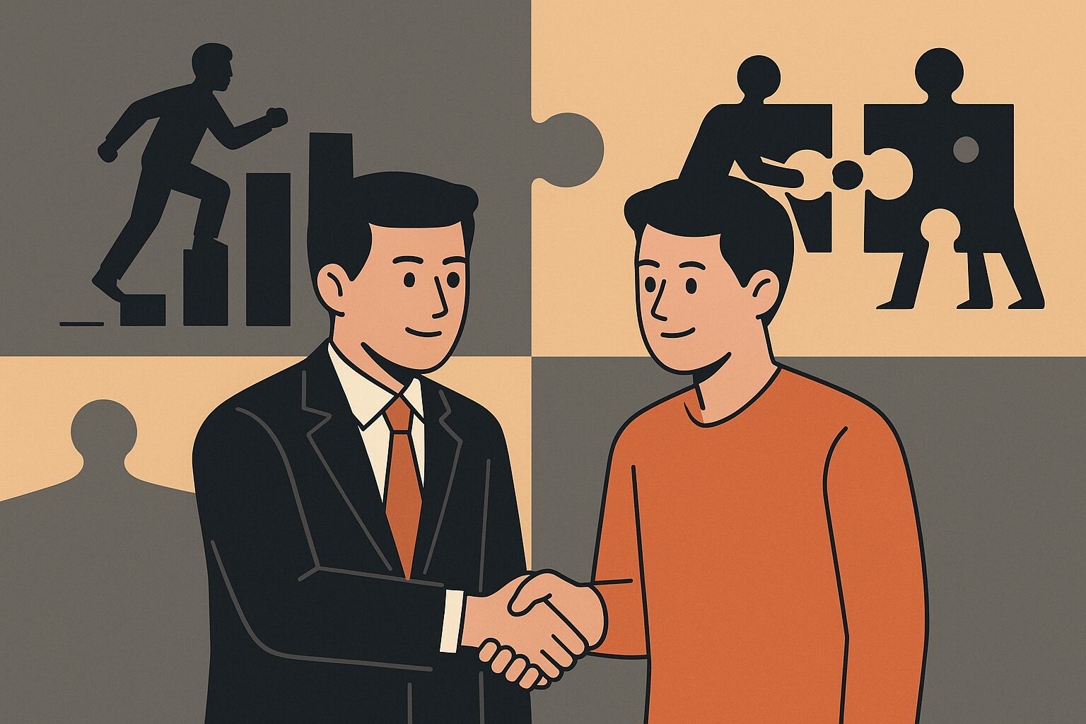두 남성이 악수하며 협력을 상징하는 일러스트 이미지. 배경에는 퍼즐 조각과 협업하는 사람들의 모습이 표현됨