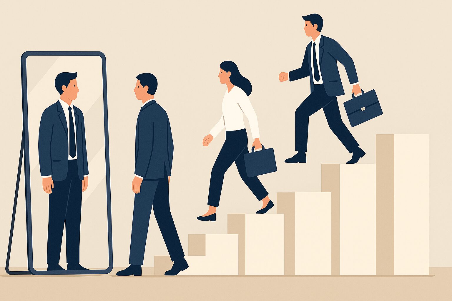 성과 그래프 모양의 계단을 오르는 직장인들과, 거울 속 자신의 모습을 마주 보고 있는 직장인이 함께 있는 일러스트