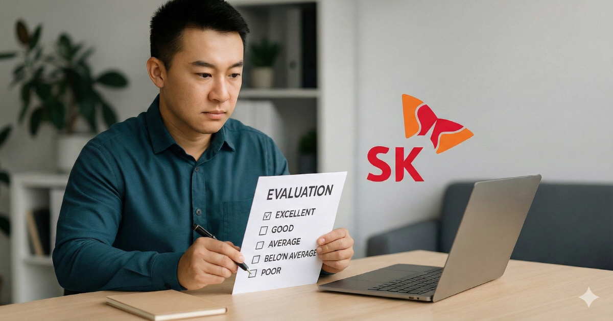 SKT 로고가 보이는 사무실에서 남성 직원이 노트북 앞에서 평가용 서류를 들고 진지하게 검토하고 있는 모습