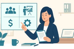 영업조직 교육 전략을 설명하는 여성 인사팀장이 프레젠테이션 보드를 가리키는 일러스트