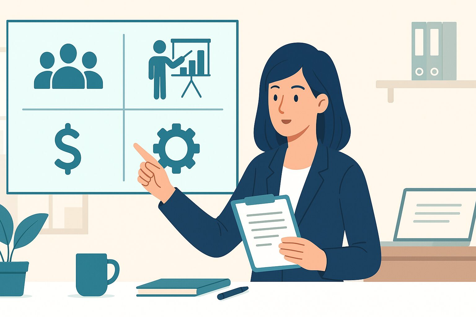 영업조직 교육 전략을 설명하는 여성 인사팀장이 프레젠테이션 보드를 가리키는 일러스트