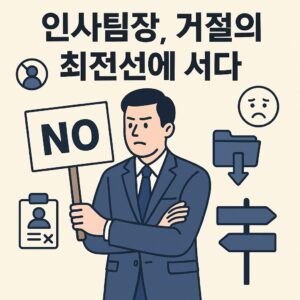 ‘NO’ 사인을 든 인사팀장이 다양한 거절 상황과 감정을 상징하는 아이콘들과 함께 서 있는 일러스트