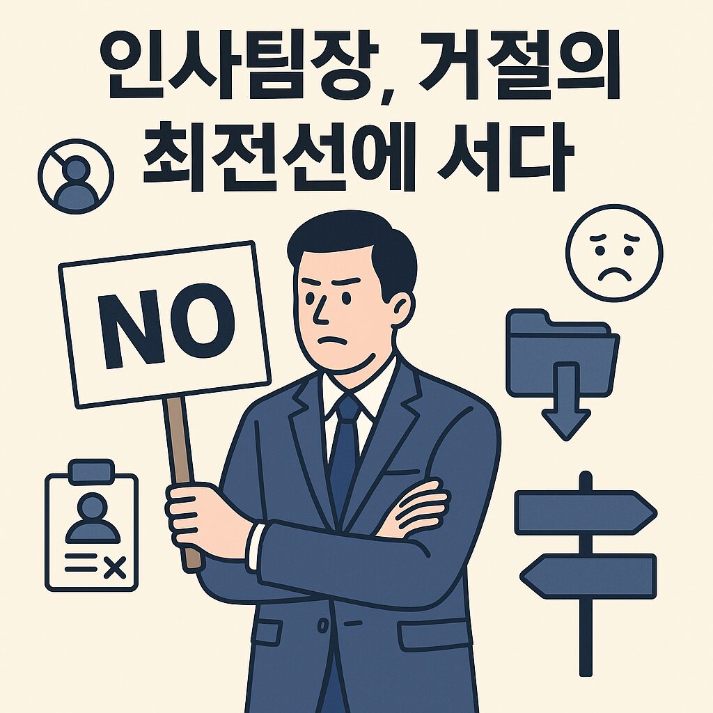 ‘NO’ 사인을 든 인사팀장이 다양한 거절 상황과 감정을 상징하는 아이콘들과 함께 서 있는 일러스트