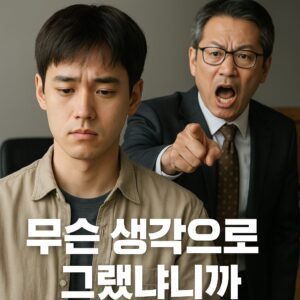회의실에서 MZ세대 직원이 고개를 숙이고 있고, 뒤에서 안경 쓴 중년 상사가 화를 내며 손가락으로 가리키는 장면. 하단에는 ‘무슨 생각으로 그랬냐니까’라는 문구가 적혀 있다.