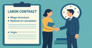 큰 클립보드에 임금구성과 계산 방법이 적힌 근로계약서가 보이고, 그 옆에서 서류를 든 직원과 정장을 입은 관리자가 시계를 배경으로 서로 악수하는 일러스트