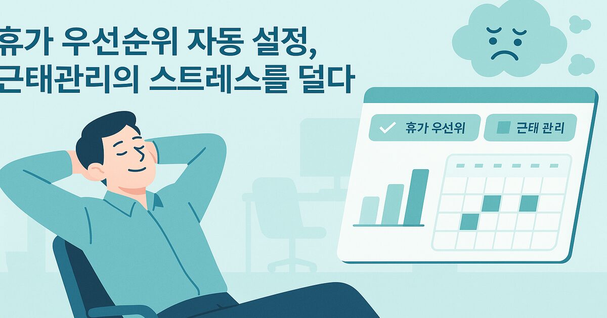 휴가 우선순위와 근태관리가 자동화된 대시보드를 보며 의자에 편하게 기대어 휴식을 취하는 직장인 일러스트, ‘휴가 우선순위 자동 설정, 근태관리의 스트레스를 덜다’라는 문구가 함께 보인다.