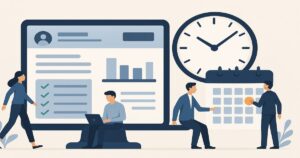 넓은 가로 배너 화면에 큰 시계와 달력이 중앙에 배치되어 있고, 주변에 노트북, 스마트폰, 출입 게이트 단말기 아이콘과 사람 실루엣이 함께 그려져 있어 클라우드 기반 Time & Attendance 근태관리를 상징하는 일러스트