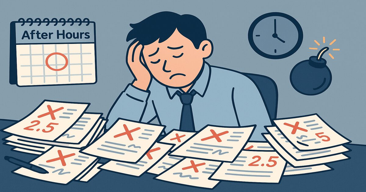 야근하는 직장인이 책상 위에 쌓인 서류 더미 사이에서 지친 표정으로 앉아 있고, 뒤에는 밤 늦은 시각을 가리키는 시계와 점점 타들어가는 시한폭탄이 보이는 일러스트