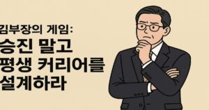 정장을 입은 중년 직장인이 턱을 괴고 고민하는 표정으로 서 있고, 옆에 ‘김부장의 게임: 승진 말고 평생 커리어를 설계하라’라는 문구가 적힌 일러스트 이미지