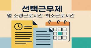 화면 상단에 ‘선택근무제’, 둘째 줄에 ‘월 소정근로시간·최소근로시간’ 문구가 쓰여 있고, 하단에는 시계를 의미하는 아이콘이 있는 노란 문서와 파란 문서, 그리고 달력이 함께 배치된 일러스트