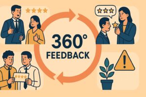다면평가를 상징하는 360도 피드백 일러스트, 중앙에 360° FEEDBACK 문구와 사방에서 상사·팀원·동료 평가, 성장과 경고 아이콘이 함께 배치된 이미지
