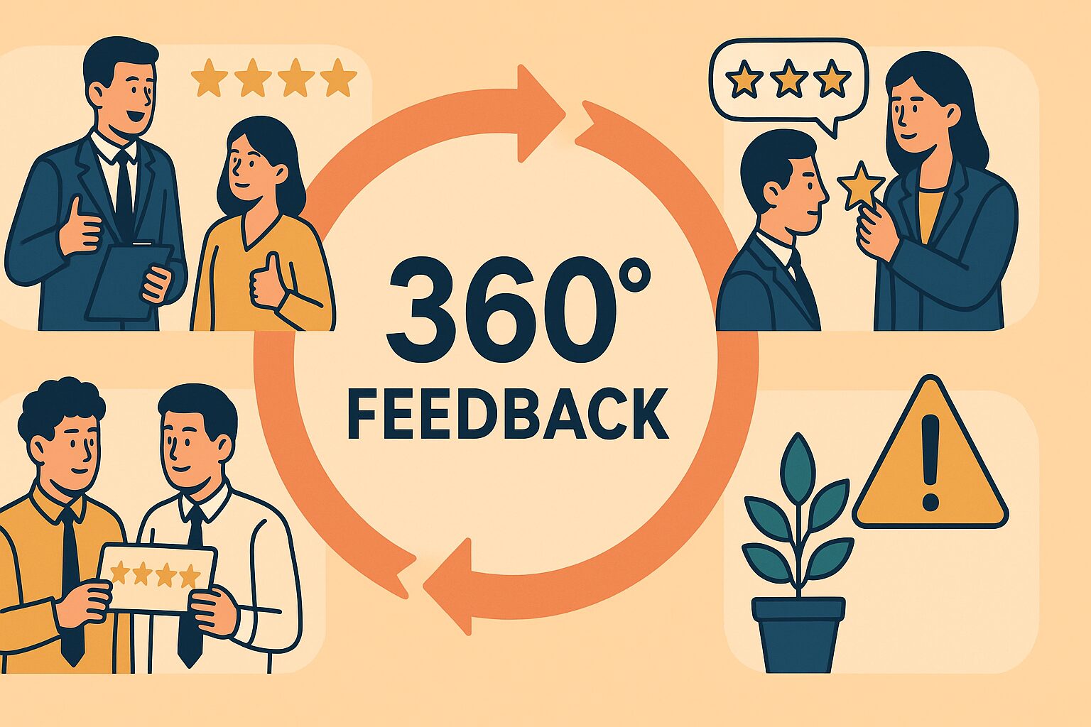 다면평가를 상징하는 360도 피드백 일러스트, 중앙에 360° FEEDBACK 문구와 사방에서 상사·팀원·동료 평가, 성장과 경고 아이콘이 함께 배치된 이미지