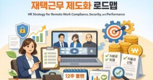 “재택근무 제도화 로드맵”이라는 제목이 적힌 인포그래픽 형식의 일러스트로, 노트북으로 화상회의를 진행하는 여성 HR 담당자와 주변에 보안, 통계 차트, 캘린더, 문서, 코인 아이콘이 배치되어 재택근무 제도 설계를 강조하고 있다.