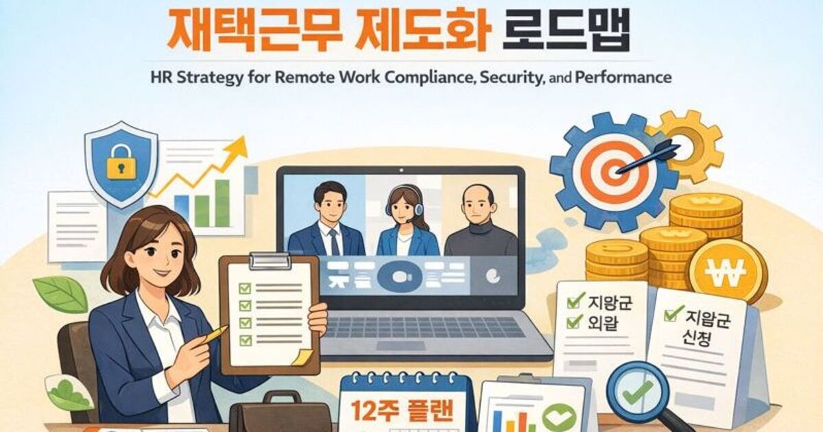 “재택근무 제도화 로드맵”이라는 제목이 적힌 인포그래픽 형식의 일러스트로, 노트북으로 화상회의를 진행하는 여성 HR 담당자와 주변에 보안, 통계 차트, 캘린더, 문서, 코인 아이콘이 배치되어 재택근무 제도 설계를 강조하고 있다.
