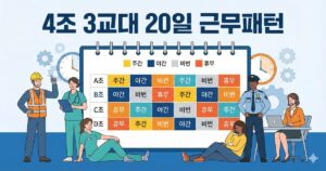 4조 3교대 근무표와 20일 반복 패턴을 시각적으로 설명하는 인포그래픽. 상단에 ‘4조 3교대 근무표’, ‘20일 패턴 편성’ 제목이 보이고, 아래에는 Day 1~20과 Shift A·B·C·D가 색깔로 배치된 캘린더형 표와 반복 루프를 나타내는 화살표가 있는 현대적인 평면 일러스트 배너