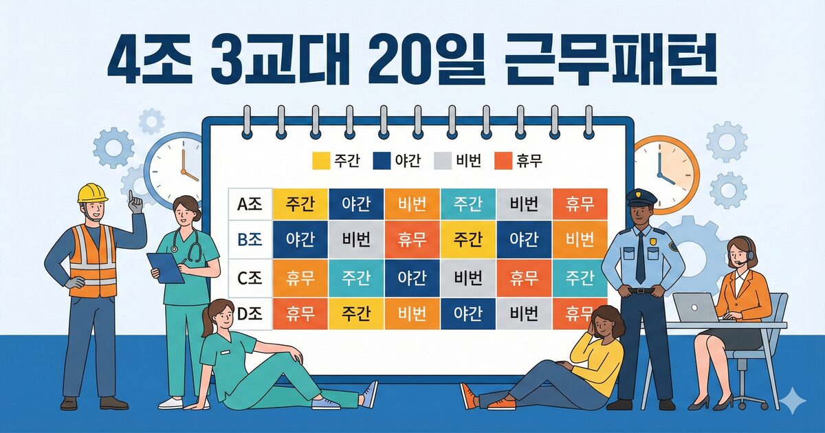 4조 3교대 근무표와 20일 반복 패턴을 시각적으로 설명하는 인포그래픽. 상단에 ‘4조 3교대 근무표’, ‘20일 패턴 편성’ 제목이 보이고, 아래에는 Day 1~20과 Shift A·B·C·D가 색깔로 배치된 캘린더형 표와 반복 루프를 나타내는 화살표가 있는 현대적인 평면 일러스트 배너