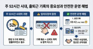 주 52시간 근무제 준수를 시각화한 인포그래픽. 중앙에는 디지털 시계와 '출근/퇴근' 도장 아이콘이 배치되어 있으며, 한쪽에는 '원천 데이터 보호'와 '노무 리스크 헷지'라는 문구가 포함된 체크리스트가 보입니다. 배경에는 모바일 근태 앱과 관리자 대시보드 화면이 겹쳐져 있어 현대적인 근태 관리 시스템의 이미지를 전달합니다.