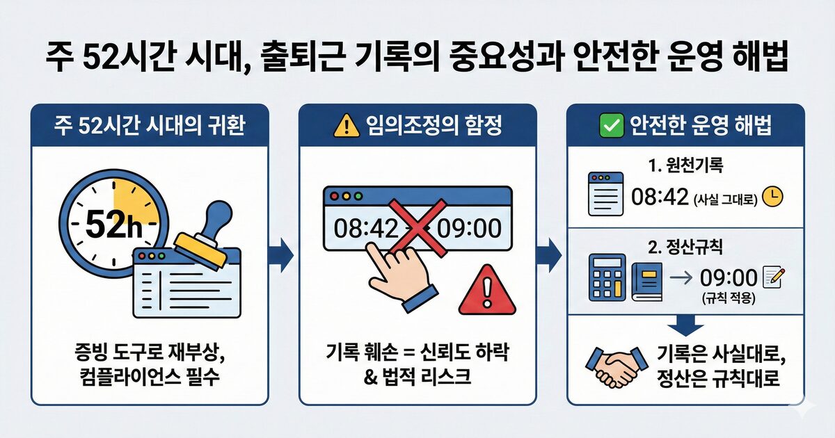 주 52시간 근무제 준수를 시각화한 인포그래픽. 중앙에는 디지털 시계와 '출근/퇴근' 도장 아이콘이 배치되어 있으며, 한쪽에는 '원천 데이터 보호'와 '노무 리스크 헷지'라는 문구가 포함된 체크리스트가 보입니다. 배경에는 모바일 근태 앱과 관리자 대시보드 화면이 겹쳐져 있어 현대적인 근태 관리 시스템의 이미지를 전달합니다.