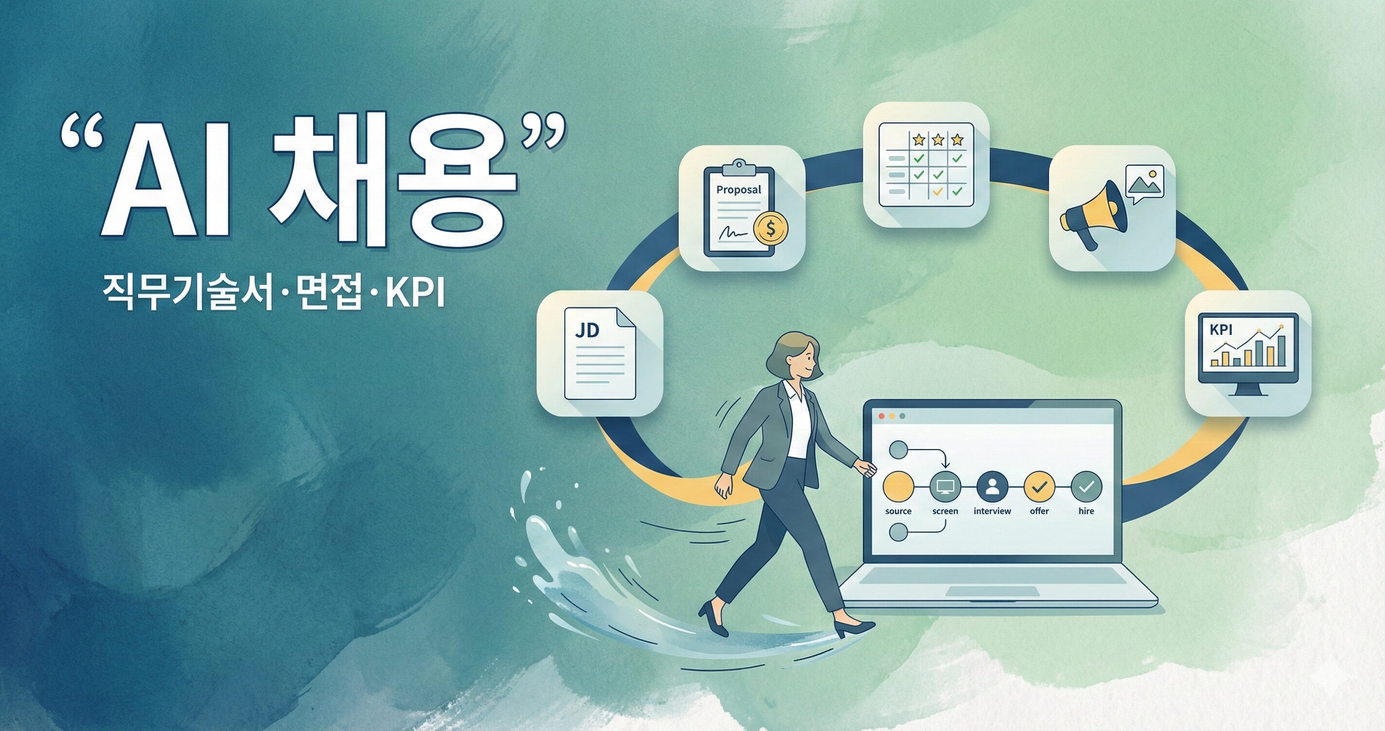 AI 채용으로 직무기술서, 채용 제안서, 면접 평가표, 브랜딩, 채용 KPI를 하나의 흐름으로 구성한 썸네일