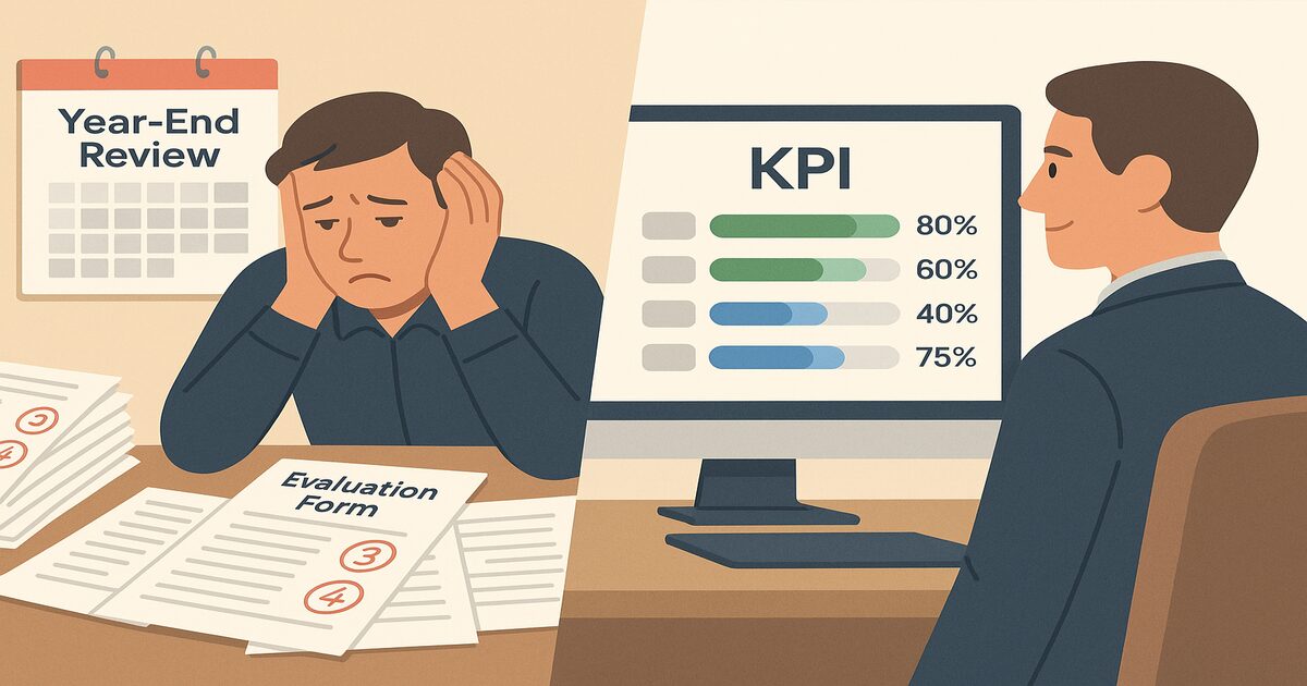 연말평가 서류 더미 앞에서 고민하는 관리자와, 오른쪽에서 KPI 진척률 대시보드를 보며 차분하게 상황을 점검하는 리더를 대비해 보여주는 일러스트