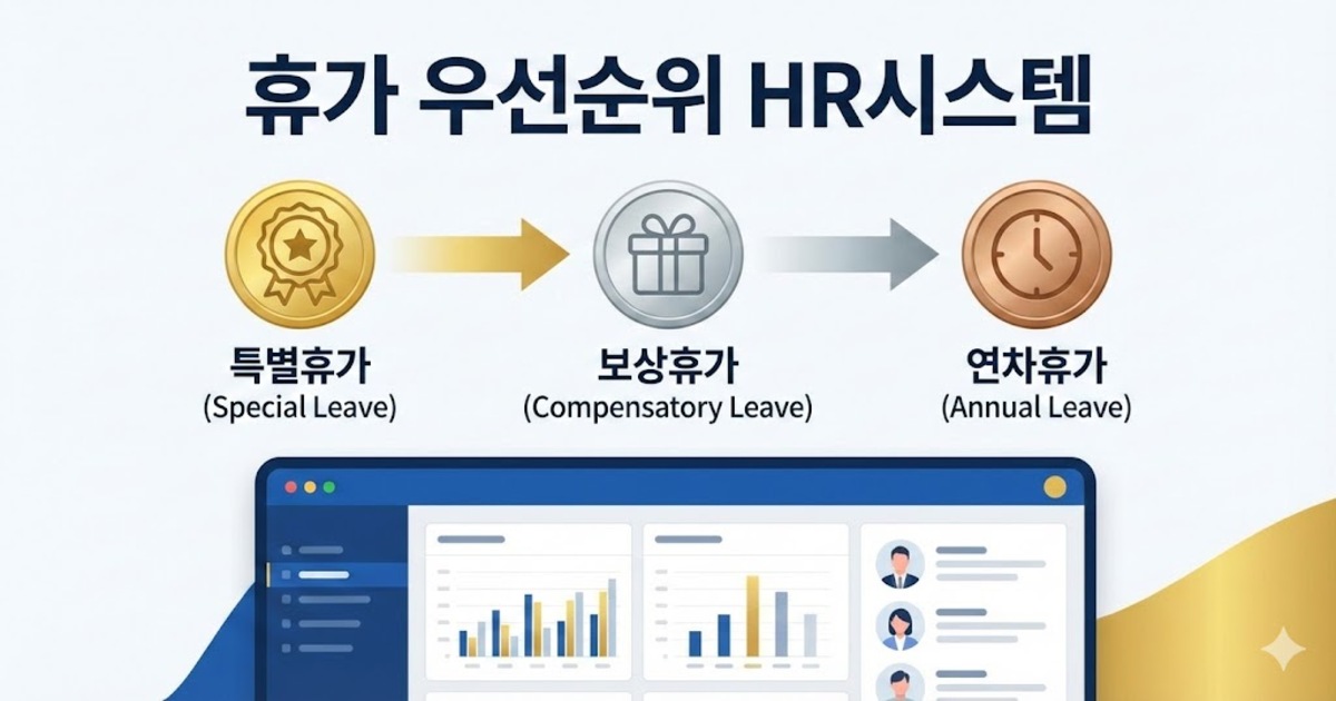 휴가 우선순위 HR시스템"이라는 제목 아래, 특별휴가(Special Leave, 금메달 아이콘)에서 보상휴가(Compensatory Leave, 은색 선물 상자 아이콘), 그리고 연차휴가(Annual Leave, 동색 시계 아이콘)로 이어지는 화살표 흐름도가 있습니다.