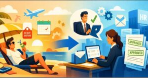 한쪽에는 결재 문서와 알림에 둘러싸인 사무실 관리자, 반대편에는 휴가 중 바다 앞 선베드에 누워 스마트폰을 내려놓고 쉬는 직원이 그려져 있고, 중앙에는 승인 화살표와 체크 아이콘이 연결되어 휴가 대결(대신 결재)로도 업무 흐름이 끊기지 않는 모습을 표현한 일러스트