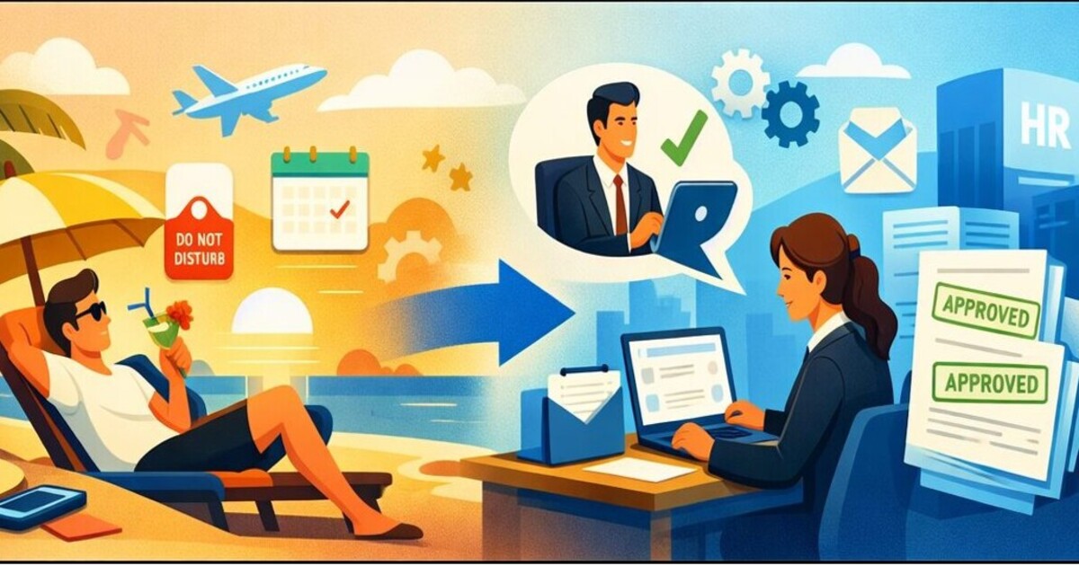 한쪽에는 결재 문서와 알림에 둘러싸인 사무실 관리자, 반대편에는 휴가 중 바다 앞 선베드에 누워 스마트폰을 내려놓고 쉬는 직원이 그려져 있고, 중앙에는 승인 화살표와 체크 아이콘이 연결되어 휴가 대결(대신 결재)로도 업무 흐름이 끊기지 않는 모습을 표현한 일러스트