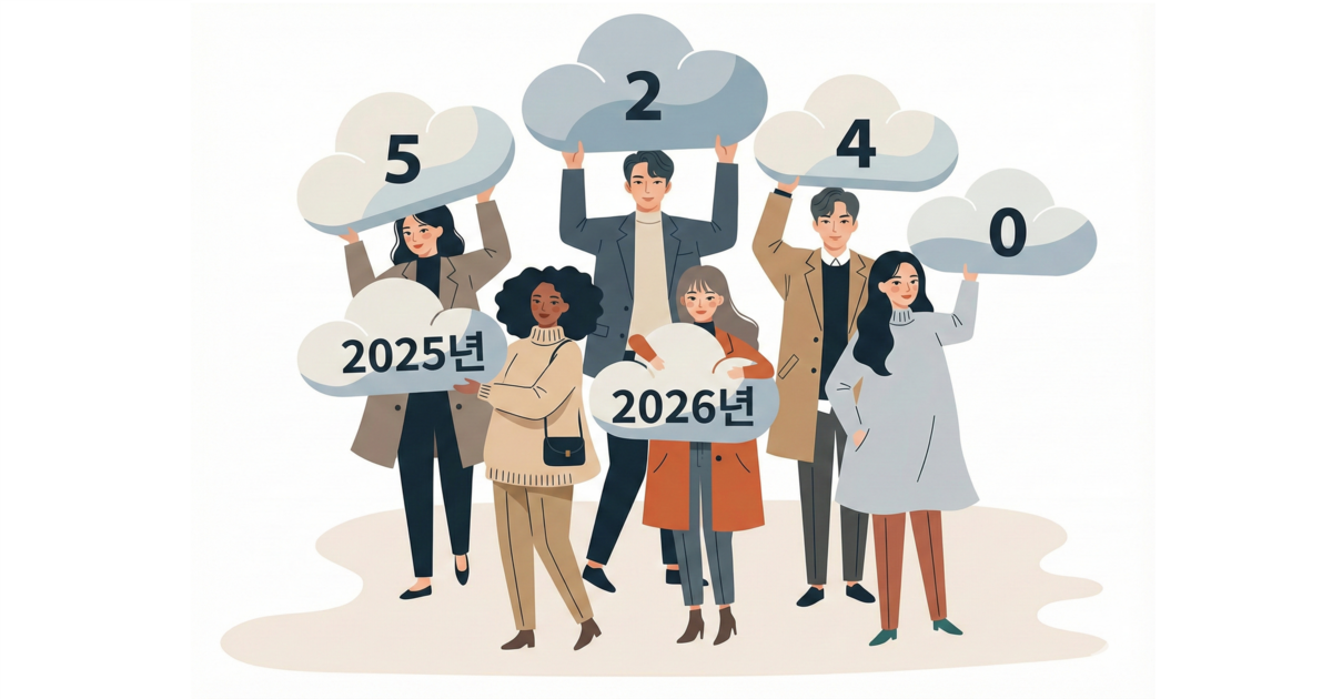 다양한 성별과 인종의 인물 6명이 각각 숫자 5, 2, 4, 0과 '2025년', '2026년' 문구가 적힌 구름 모양 판을 들고 있는 일러스트입니다.
