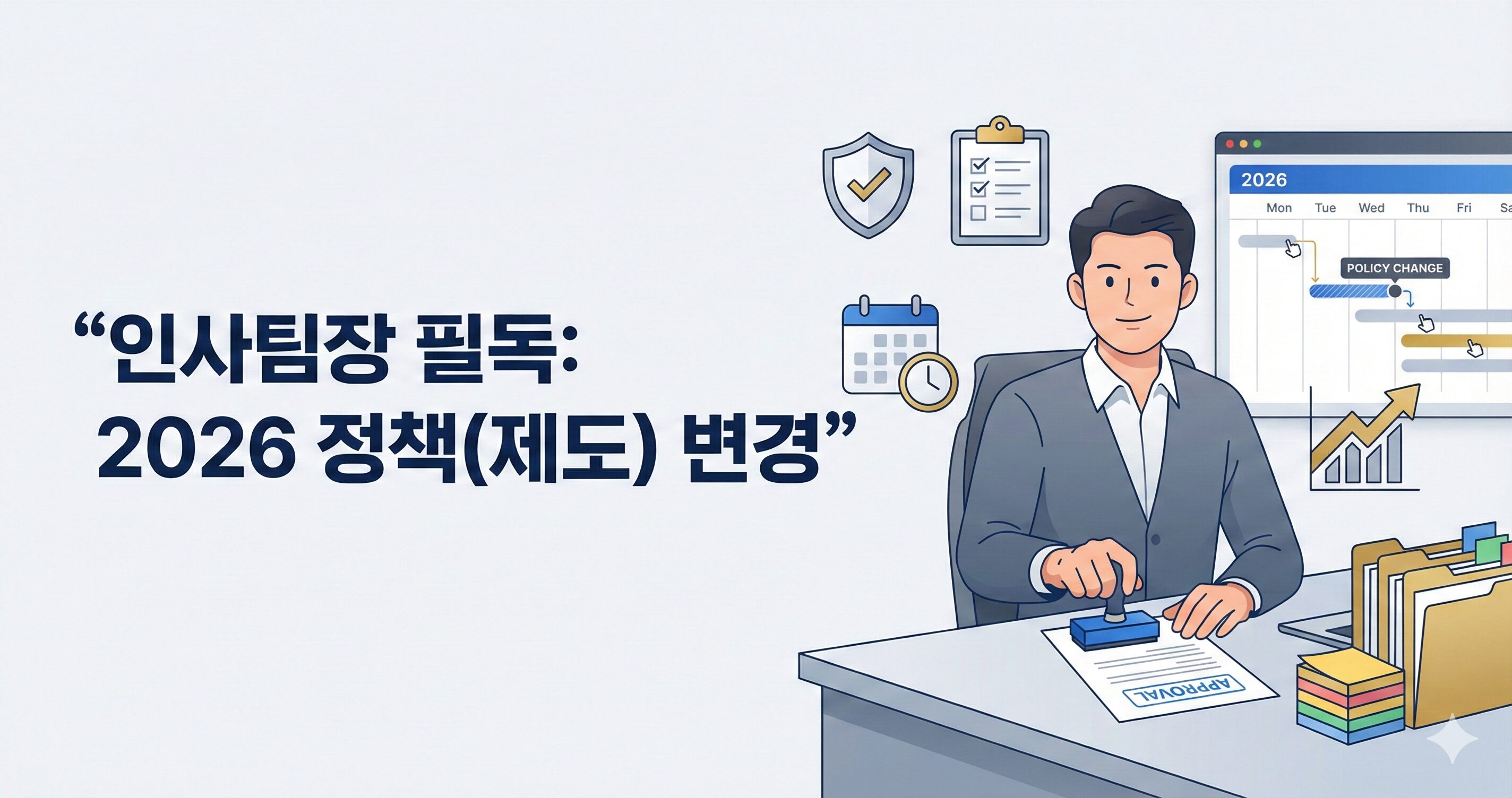 파란색 정장을 입은 남성 HR 팀장이 책상에 앉아 "APPROVAL"이라고 적힌 문서에 도장을 찍고 있습니다. 책상 위에는 서류 더미와 포스트잇이 있고, 배경에는 방패(보안), 체크리스트, 달력(일정), 상승하는 화살표 그래프 아이콘이 떠 있습니다. 왼쪽에는 큰 한글 텍스트로 “인사팀장 필독: 2026 정책(제도) 변경”이라고 적혀 있습니다. 컴퓨터 화면에는 2026년 정책 변경 타임라인이 표시되어 있습니다.