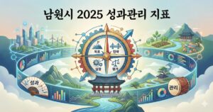 남원시의 2025년 성과관리 지표를 상징하는 이미지로, 광한루와 같은 전통적인 남원의 풍경 위에 현대적인 데이터 차트, 분석 그래프, 그리고 중심에 '목표, 전략, 실행, 평가'가 적힌 나침반이 배치된 일러스트입니다.