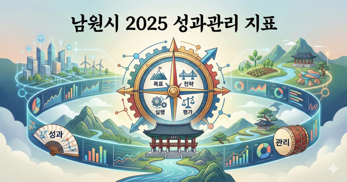 남원시의 2025년 성과관리 지표를 상징하는 이미지로, 광한루와 같은 전통적인 남원의 풍경 위에 현대적인 데이터 차트, 분석 그래프, 그리고 중심에 '목표, 전략, 실행, 평가'가 적힌 나침반이 배치된 일러스트입니다.