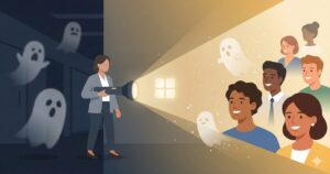 어두운 사무실 복도에서 인사팀장이 손전등을 비추자, 차가운 네이비 톤의 그늘 속에 떠다니던 흐릿한 유령들이 사라지고 따뜻한 황금빛 속에서 밝게 웃는 다양한 인종과 성별의 직원들이 나타나는 현대적인 플랫 일러스트레이션