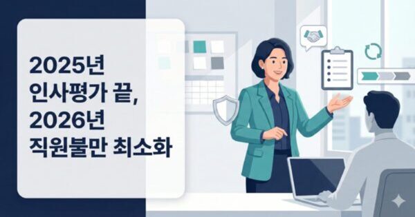 2025년 인사평가 종료 후 직원 불만을 최소화하기 위한 전략을 설명하는 HR 매니저의 현대적인 일러스트레이션. 왼쪽에는 "2025년 인사평가 끝, 2026년 직원불만 최소화"라는 문구가 있고, 오른쪽에는 신뢰감 있는 모습의 HR 매니저가 체크리스트와 타임라인 아이콘을 가리키며 직원과 면담하는 모습이 담겨 있습니다.