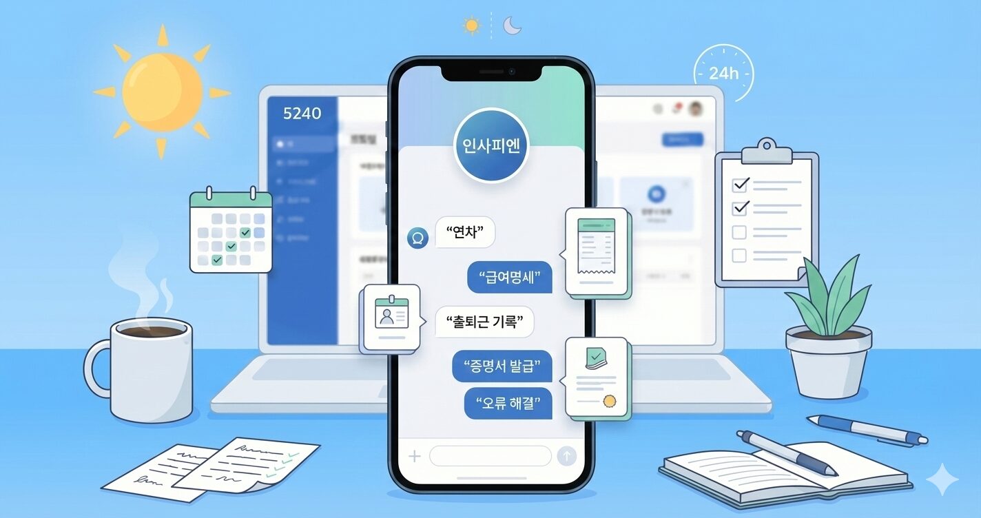 파란색 배경의 책상 위에 스마트폰과 두 대의 노트북이 놓여 있습니다. 스마트폰 화면 중앙에는 '인사팀'이라는 프로필 사진과 함께 챗봇 대화창이 표시되어 있으며, "연차", "급여명세", "출퇴근 기록", "증명서 발급", "오류 해결"이라는 텍스트가 적힌 말풍선 버튼들이 떠 있습니다. 스마트폰 왼쪽에는 체크 표시된 달력과 김이 나는 커피잔이 있고, 오른쪽에는 체크리스트 보드와 화분, 펼쳐진 공책과 펜이 있습니다. 배경 왼쪽 상단에는 해가, 중앙 상단에는 해와 달 아이콘이, 오른쪽 상단에는 '24h'가 적힌 시계 아이콘이 있습니다.