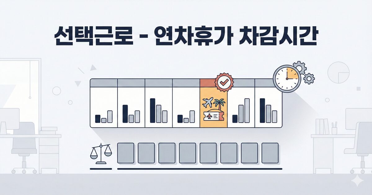 선택근로제 하에서 연차휴가 차감 방식을 설명하는 배너 이미지입니다. '선택근로 - 연차휴가 차감시간' 제목 아래, 근무 시간이 불규칙한 주간 캘린더와 휴가 아이콘이 강조된 목요일이 보입니다. 옆에는 유연한 근무를 상징하는 시계와 하루 8시간 표준 근로를 나타내는 저울과 블록이 배치되어 있습니다.