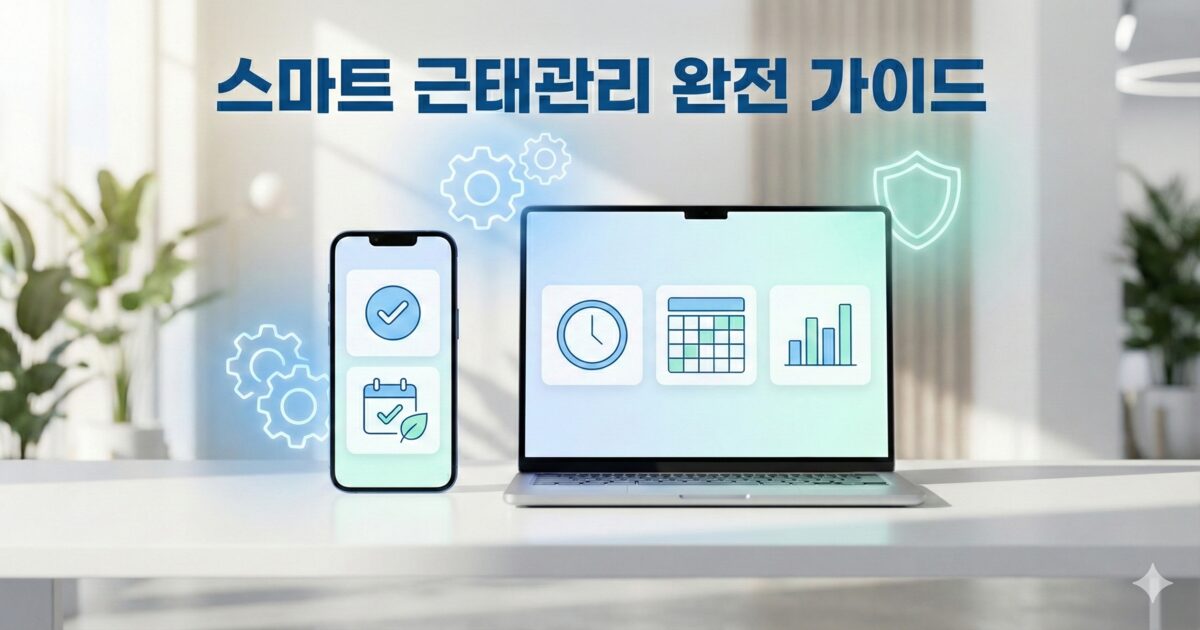 대체텍스트: 이 이미지는 "스마트 근태관리 완전 가이드"라는 제목 아래 노트북과 스마트폰을 중심으로 근태 관리, 일정, 성과 분석, 보안 기능을 나타내는 아이콘들이 시각적으로 표현된 것입니다.