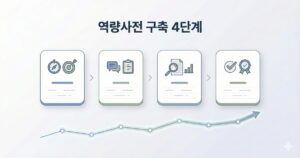 역량사전 구축 4단계" 제목 하단에 4개의 아이콘 카드로 이어진 프로세스 흐름도와 그 아래 상승하는 데이터 그래프가 있는 기업 인포그래픽입니다