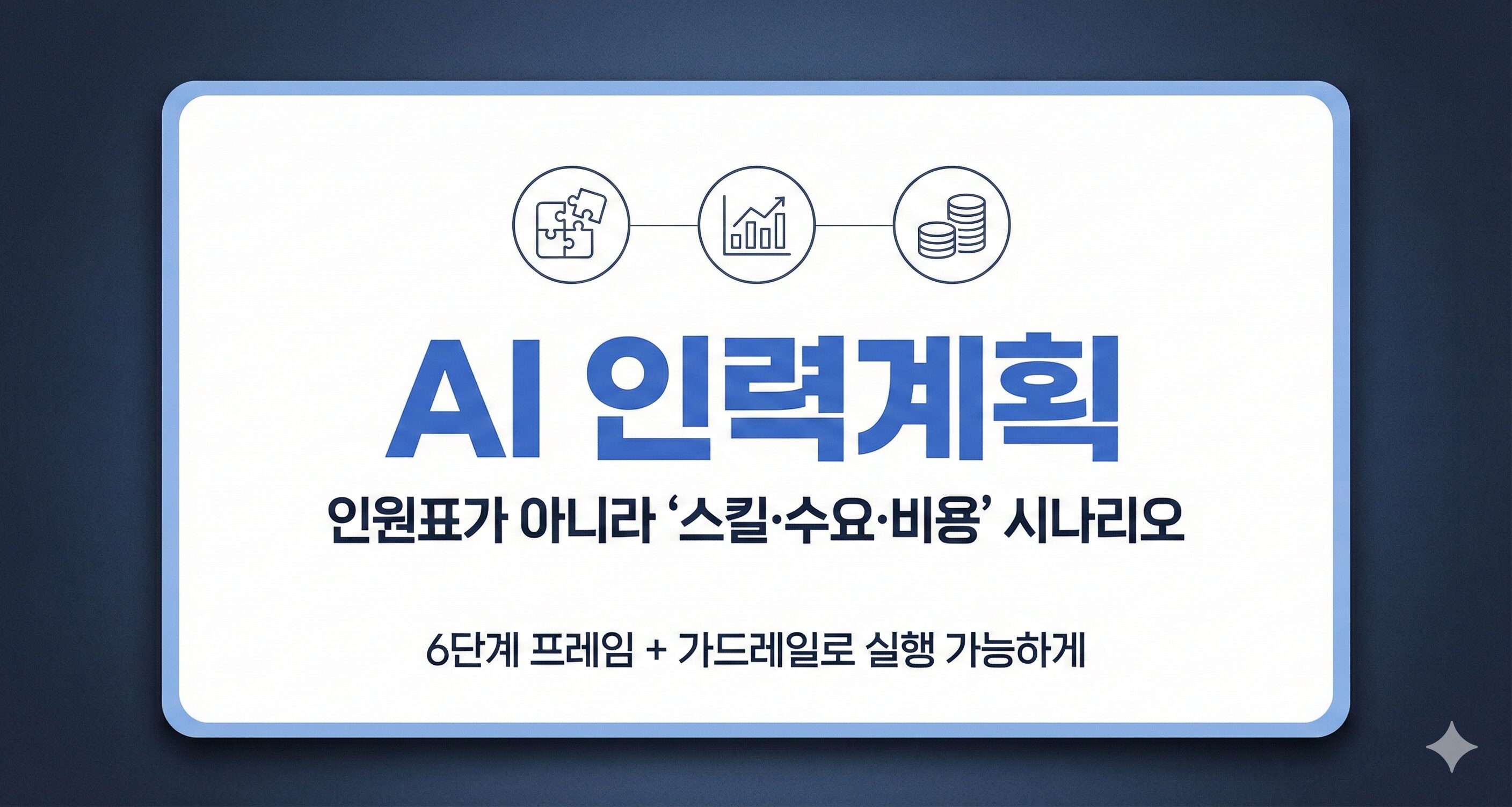 아주 연한 블루-그레이 배경 위 흰색 카드에 “AI 인력계획” 제목과 “인원표가 아니라 스킬·수요·비용 시나리오” 부제가 있으며, 퍼즐·그래프·코인 아이콘이 얇은 선으로 연결된 썸네일 이미지.