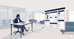 AI 도입 이후 성과를 만들기 위한 인간-AI 협업 구조를 설명하는 비즈니스 일러스트